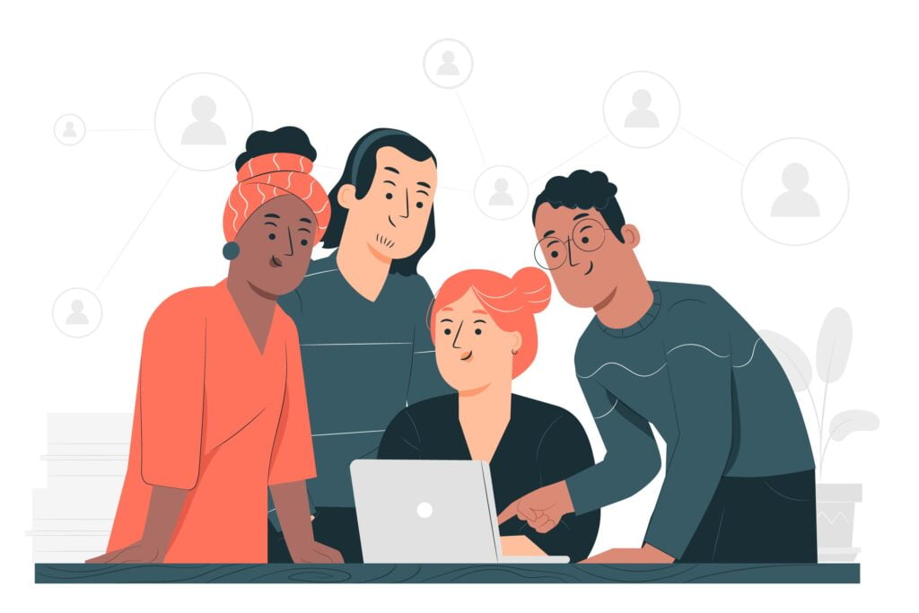 Illustration of four people collaborating over a laptop